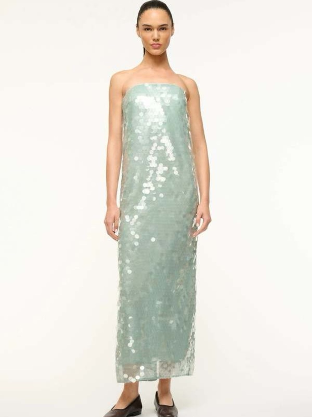 STAUD Casey Strapless Midi Dress in Mist (Seafoam)